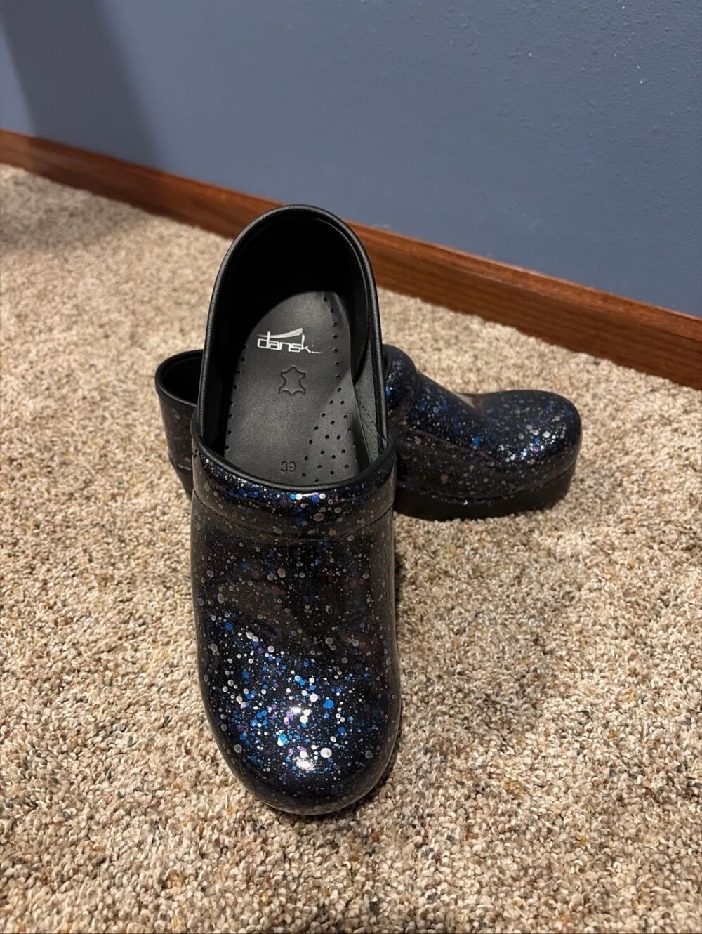 Dansko Black Glitter Galaxy Slip-On Clogs